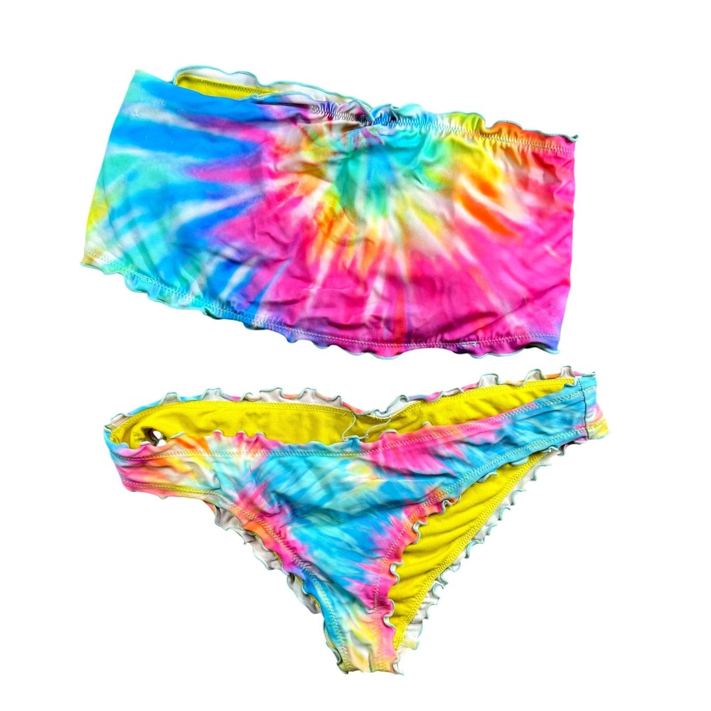 Salt Cove Tie Dye Bandeau Bikini Set Multicolor Ruffle Trim Two Piece Swimsuit L